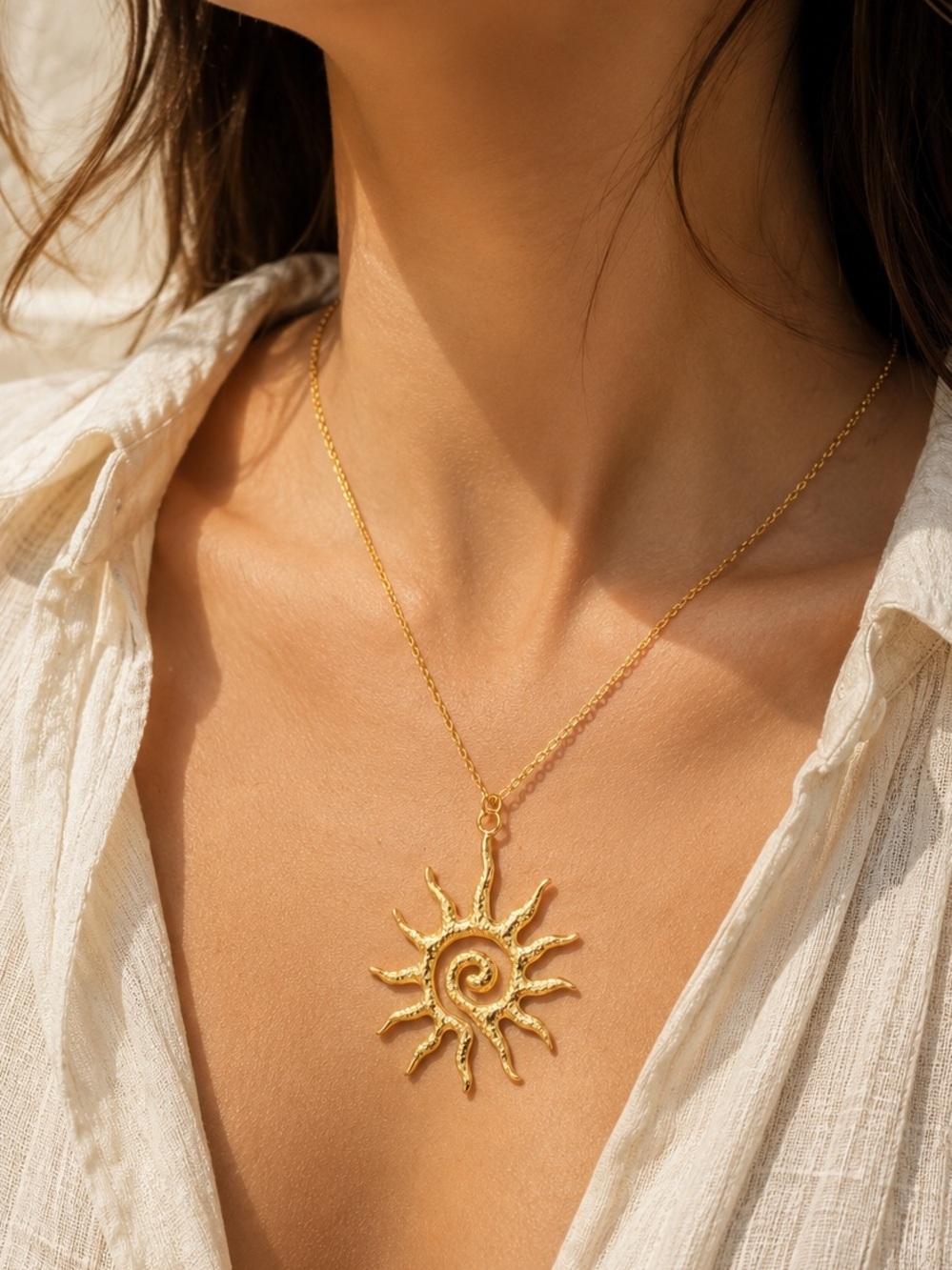 Gold Sun Spiral Necklace Waterproof Stainless Steel Coastal Boho Pendant